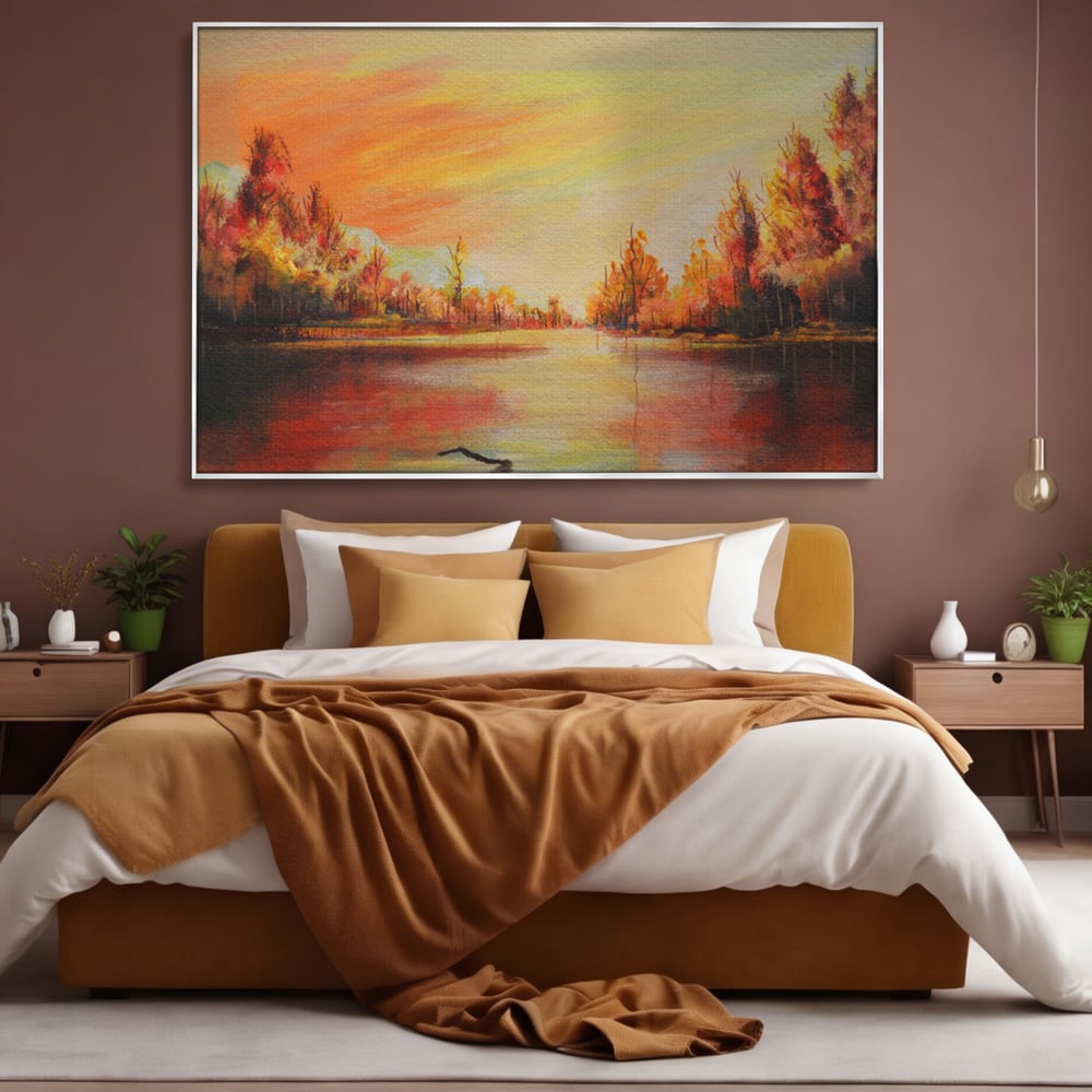 Tablou canvas cu pictura cu peisaj de toamna si lac, in rama de aluminiu argintiu, pe perete intr-un dormitor